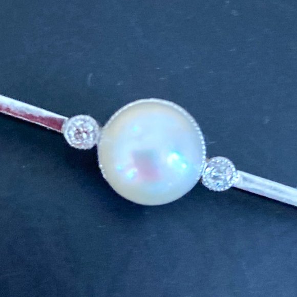 Antique pearl & diamond bar brooch in 14K white gold - Picture 2 of 4